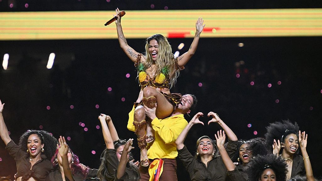 Karol G performs during the half time of an NFL game between Los Angeles Chargers and Kansas City Chiefs on September 5, 2025, at Corinthians Arena in Sao Paulo, Brazil. (Leandro Bernardes/Getty Images)