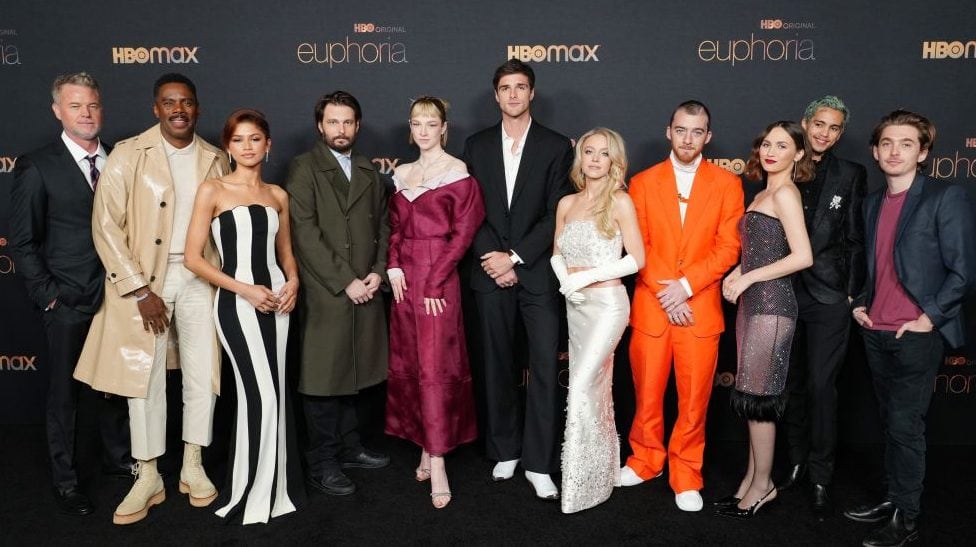 Eric Dane, Colman Domingo, Zendaya, Sam Levinson, Hunter Schafer, Jacob Elordi, Sydney Sweeney, Angus Cloud, Maude Apatow, Dominic Fike and Austin Abrams attend HBO’s <em>Euphoria</em> Season 2 Photo Call. Jeff Kravitz/Getty Images.