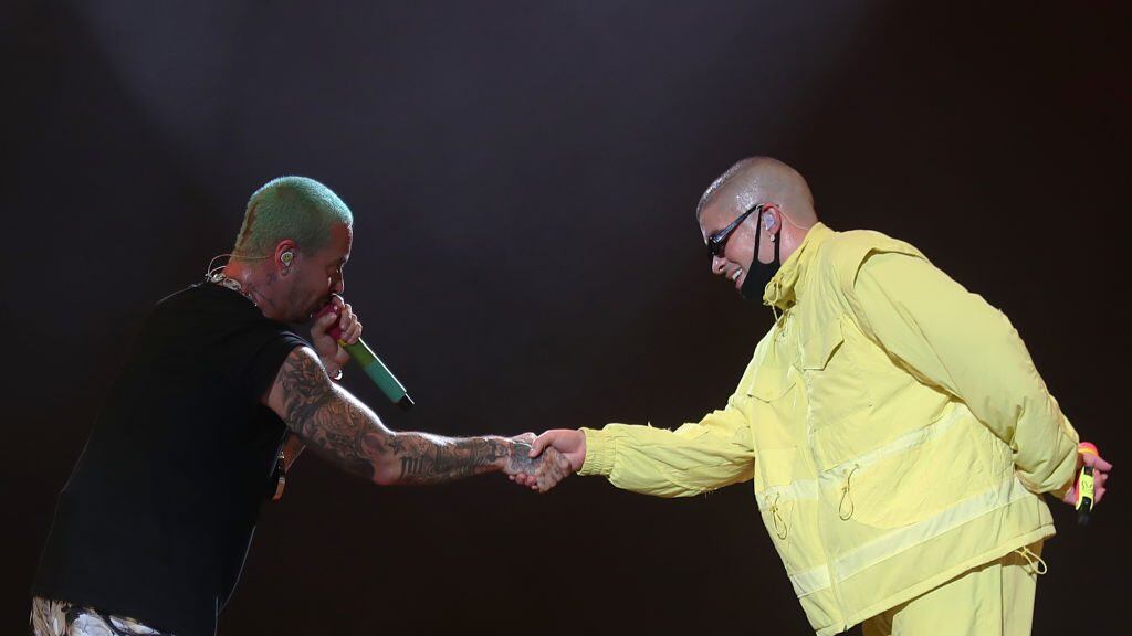 Bad Bunny shakes hands with Colombian singer J Balvin during the Uforia Latino Mix Live: Dallas at Dos Equis Pavilion on August 8, 2019 in Dallas, Texas. Omar Vega/Getty Images