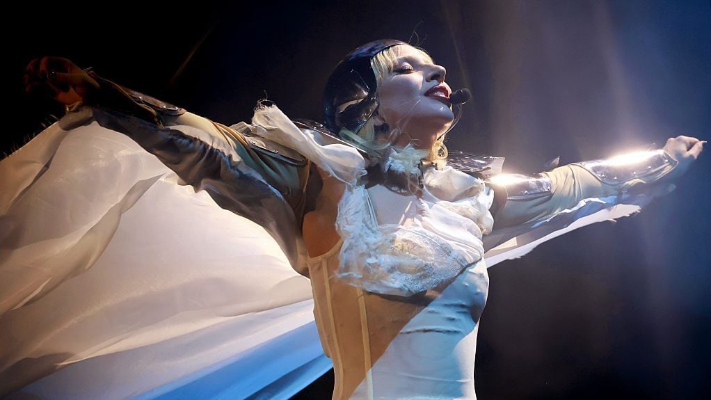 Lady Gaga performs at the Coachella Stage during the 2025 Coachella Valley Music and Arts Festival at Empire Polo Club on April 11, 2025 in Indio, California. (Photo by Kevin Mazur/Getty Images for Coachella)