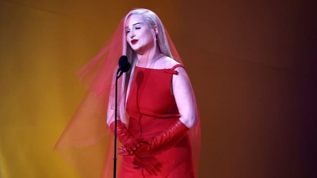 Kim Petras accepts the Best Pop Duo/Group Performance Grammy award for “Unholy”. by Frazer Harrison/Getty Images