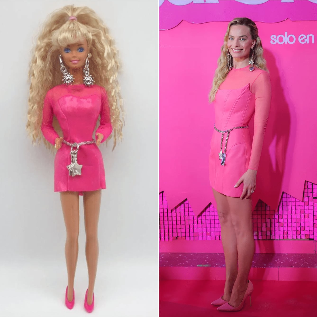 <a href="https://www.glamour.com/story/every-single-barbie-doll-reference-from-margot-robbies-barbie-press-tour">Glamour</a> / Earring Magic Barbie, 1992; Robbie in Balmain Mattel Inc/Getty Images