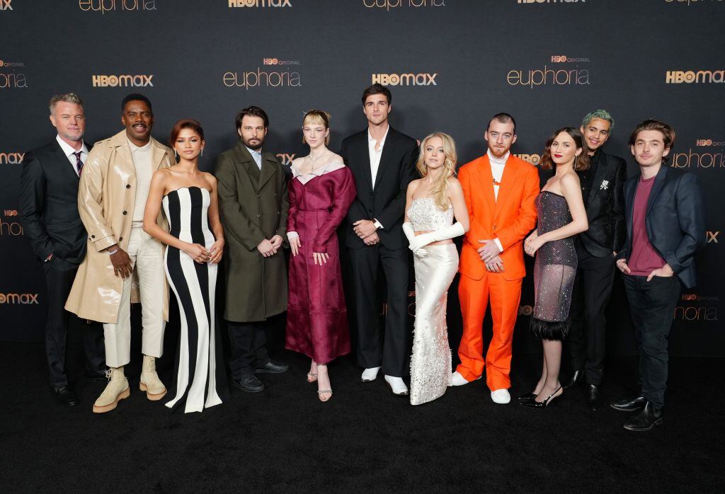 Eric Dane, Colman Domingo, Zendaya, Sam Levinson, Hunter Schafer, Jacob Elordi, Sydney Sweeney, Angus Cloud, Maude Apatow, Dominic Fike and Austin Abrams. Jeff Kravitz/Getty.