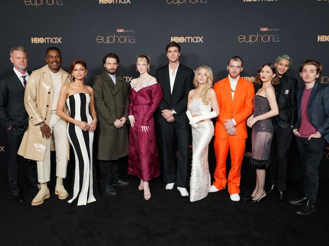 Eric Dane, Colman Domingo, Zendaya, Sam Levinson, Hunter Schafer, Jacob Elordi, Sydney Sweeney, Angus Cloud, Maude Apatow, Dominic Fike and Austin Abrams. Jeff Kravitz/Getty.