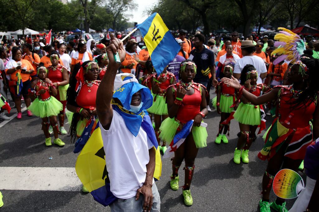 People participate in the West Indian American Day Parade marking the Labor Day in the Brooklyn Borough of New York City on September 04, 2023. Leonardo Munoz / AF / AFP via Getty Images