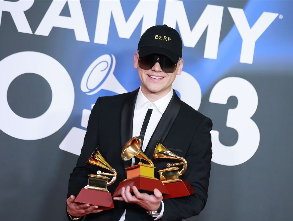 Bizarrap poses with the awards for Best Urban Song, Best Pop Song and Best Urban Fusion/Performance in the media center for The 24th Annual Latin Grammy Awards at FIBES Conference and Exhibition Centre on November 16, 2023 in Seville, Spain. Patricia J. Garcinuno/WireImage