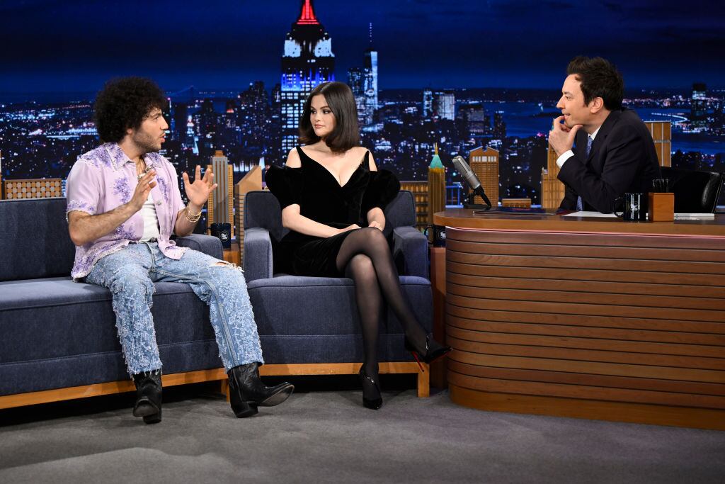 Record producer Benny Blanco & singer Selena Gomez during an interview with host Jimmy Fallon on Thursday, March 20, 2025. Todd Owyoung/NBC via Getty Images