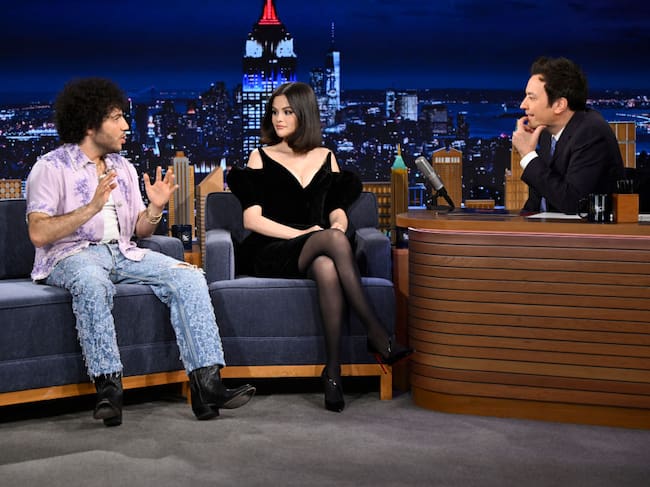 Record producer Benny Blanco & singer Selena Gomez during an interview with host Jimmy Fallon on Thursday, March 20, 2025. Todd Owyoung/NBC via Getty Images