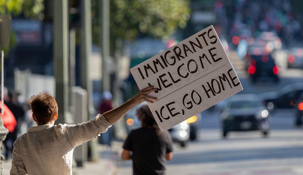 Protesters continue to march and chant in an approximately one-square mile area of downtown Los Angeles. In response to a series of immigration raids, on June 11, 2025 in Los Angeles, California. (David McNew/Getty Images)