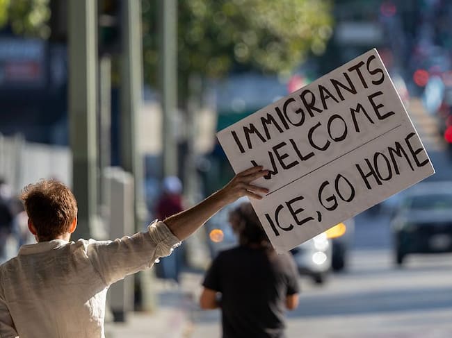 Protesters continue to march and chant in an approximately one-square mile area of downtown Los Angeles. In response to a series of immigration raids, on June 11, 2025 in Los Angeles, California. (David McNew/Getty Images)