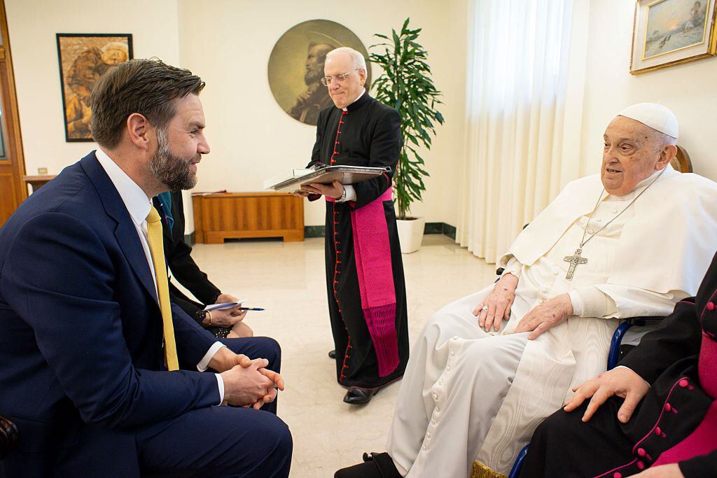 Pope Francis meets with U.S. Vice President JD Vance and delegation during an audience at Casa Santa Marta on April 20, 2025 in Vatican City, Vatican. Vatican Media via Vatican Pool/Getty Images