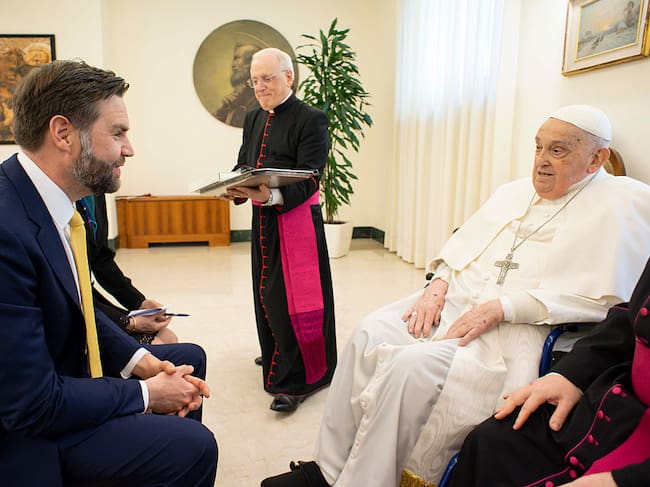 Pope Francis meets with U.S. Vice President JD Vance and delegation during an audience at Casa Santa Marta on April 20, 2025 in Vatican City, Vatican. Vatican Media via Vatican Pool/Getty Images