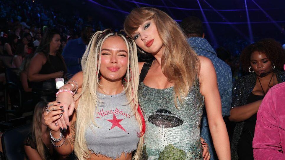 Karol G and Taylor Swift at the 2024 MTV Video Music Awards held at UBS Arena on September 11, 2024 in Elmont, New York. (Christopher Polk/Getty Images)