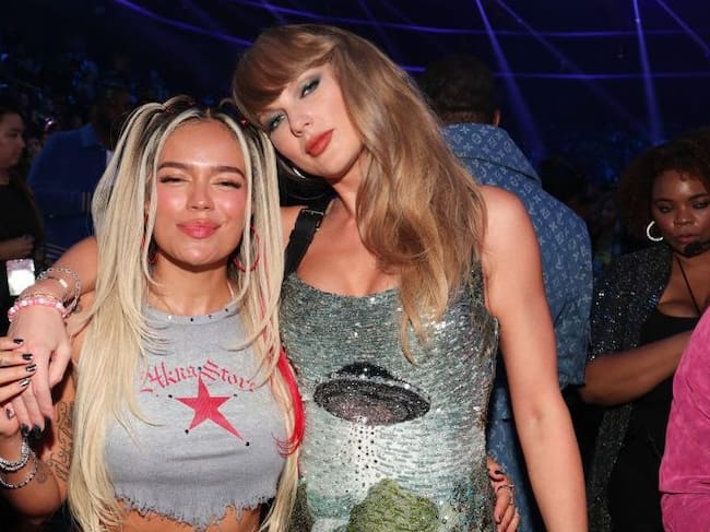 Karol G and Taylor Swift at the 2024 MTV Video Music Awards held at UBS Arena on September 11, 2024 in Elmont, New York. (Christopher Polk/Getty Images)