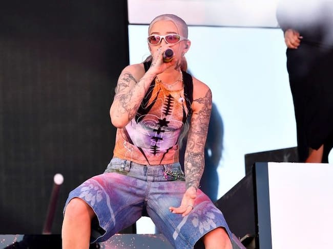 Puerto Rican rapper Young Miko performs on the Coachella Stage during the Coachella Valley Music and Arts Festival in Indio, California, on April 12, 2024. (Valerie Macon/Getty Images.)