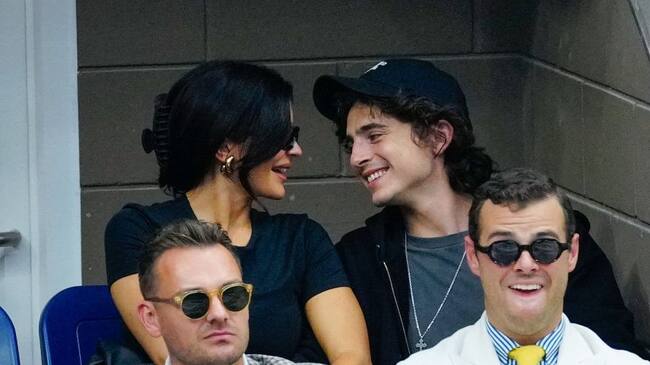 Kylie Jenner and Timothée Chalamet at the Final game with Novak Djokovic vs. Daniil Medvedev at the 2023 US Open Tennis Championships on September 10, 2023 in New York City. (Gotham/Getty Images)