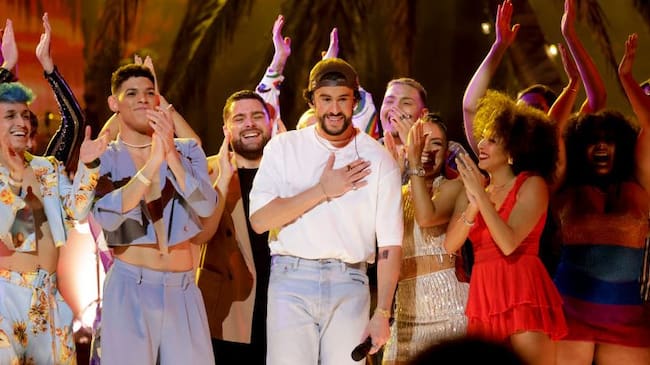 Bad Bunny at THE 65TH ANNUAL GRAMMY AWARDS, broadcasting live Sunday, February 5, 2023 (8:00-11:30 PM, LIVE ET/5:00-8:30 PM, LIVE PT) on the CBS Television Network, and available to stream live and on demand on Paramount+*. Francis Specker/CBS via Getty Images