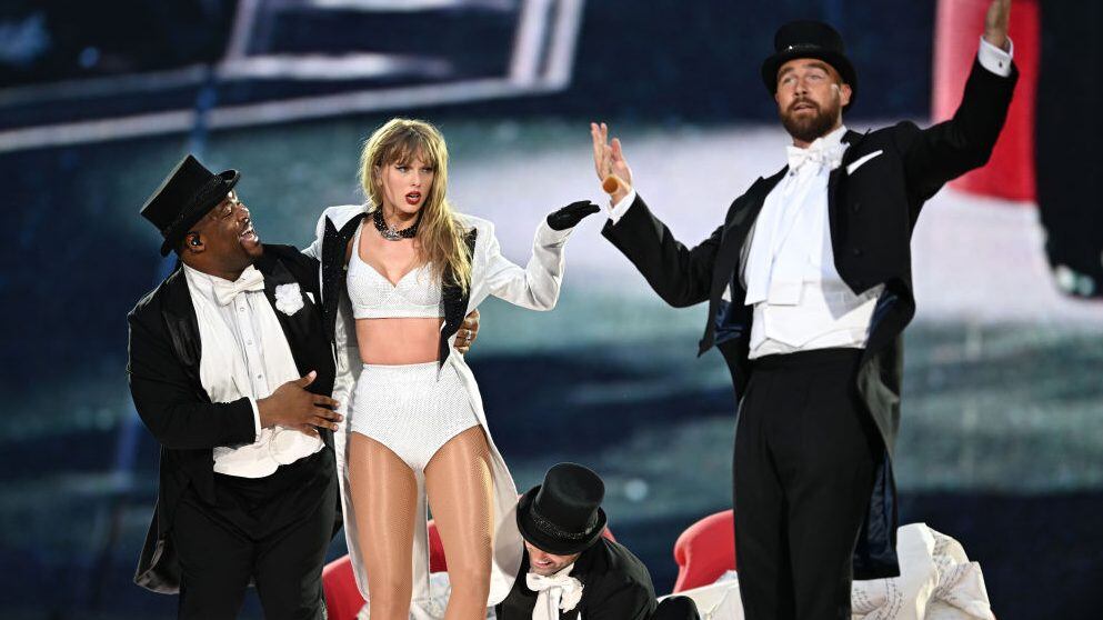 Taylor Swift is joined on stage by Travis Kelce (R), during ‘Taylor Swift | The Eras Tour’ at Wembley Stadium on June 23, 2024 in London, England. (Gareth Cattermole/Getty Images )