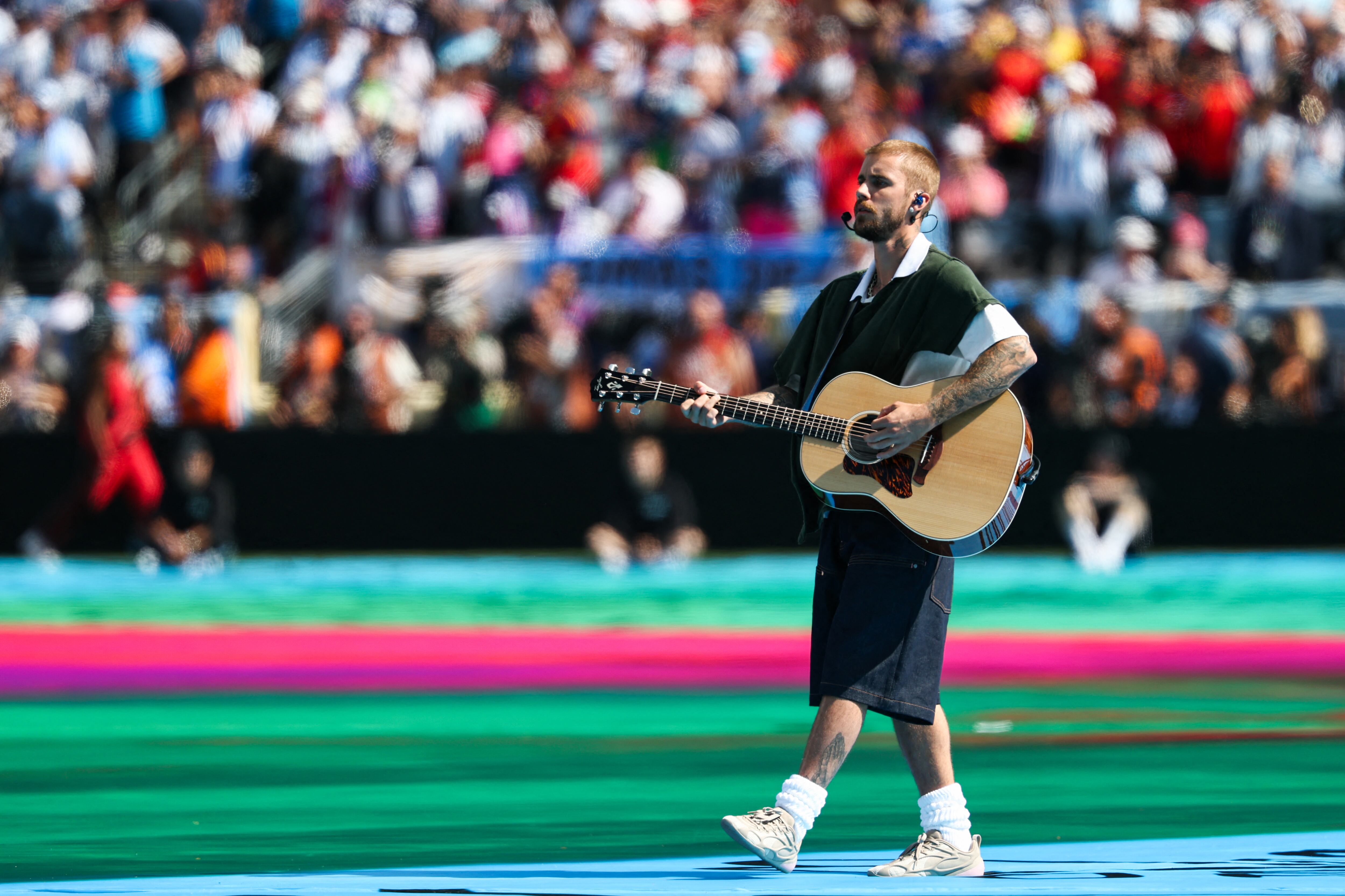 Justin Bieber durante el espectáculo del descanso (Halftime Show) del Mundial, celebrado durante la final de la Copa Mundial de la FIFA en el New York New Jersey Stadium, el 19 de julio de 2026, en East Rutherford, Nueva Jersey, Estados Unidos.
