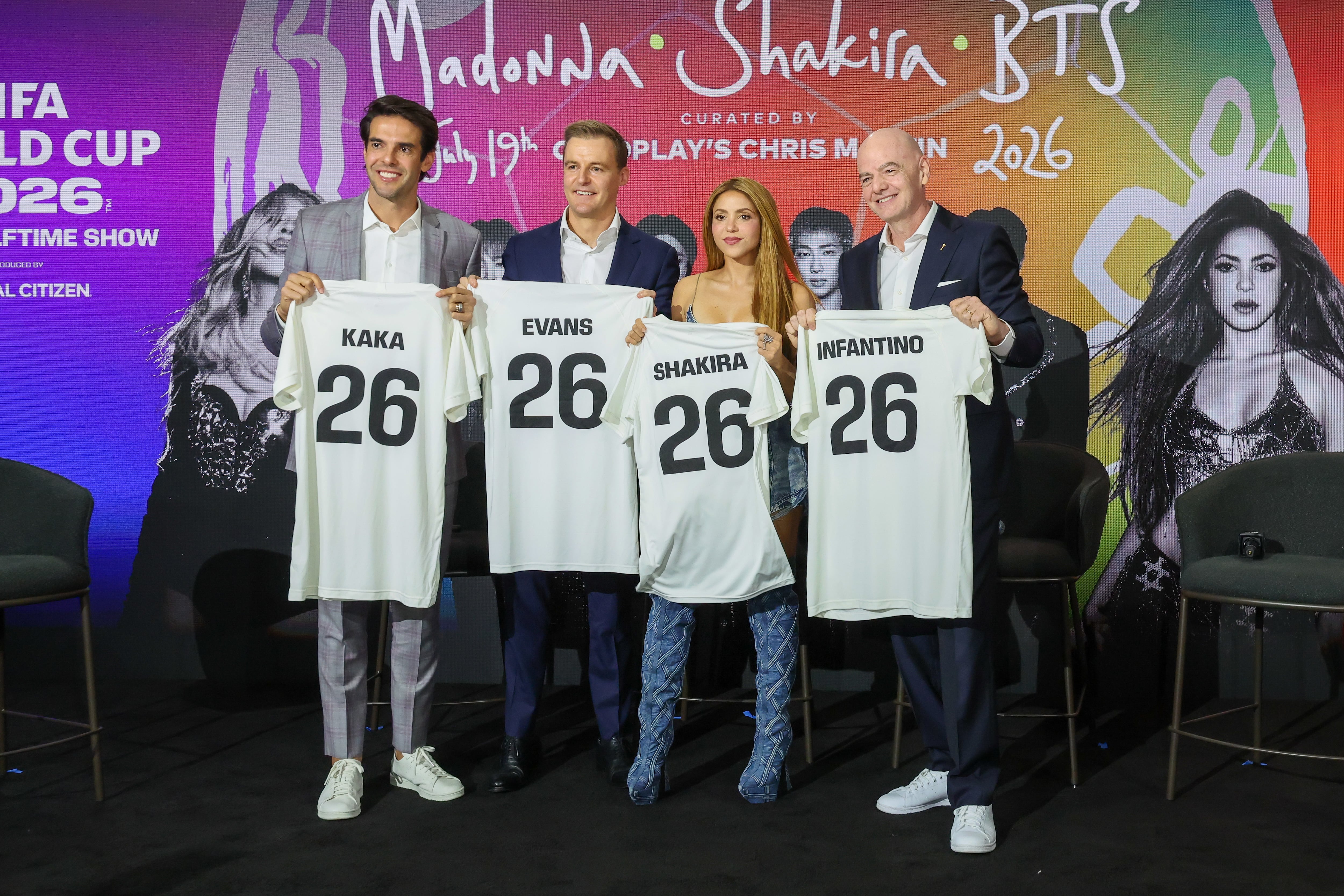 NEW YORK, NEW YORK - MAY 14: (L-R) FIFA Legend Kaká, Global Citizen CEO Hugh Evans, Shakira and FIFA President Gianni Infantino at Spring Studios during Global Citizen Now Summit on May 14, 2026 in New York City. (Photo by Ira L. Black - FIFA/Getty Images)