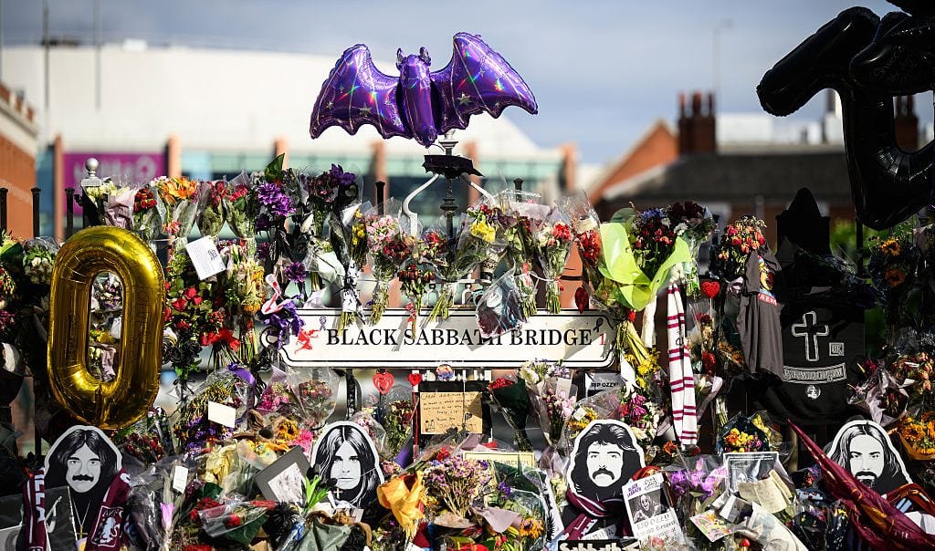 Tributes are left prior to Ozzy Osbourne’s funeral cortege traveling through his home city of Birmingham on July 30, 2025 in Birmingham, England. (Leon Neal/Getty Images)