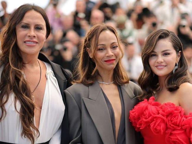Karla Sofía Gascón, Zoe Saldana and Selena Gomez attend the «Emilia Perez» Photocall at the 77th annual Cannes Film Festival at Palais des Festivals on May 19, 2024 in Cannes, France. Neilson Barnard/Getty Images