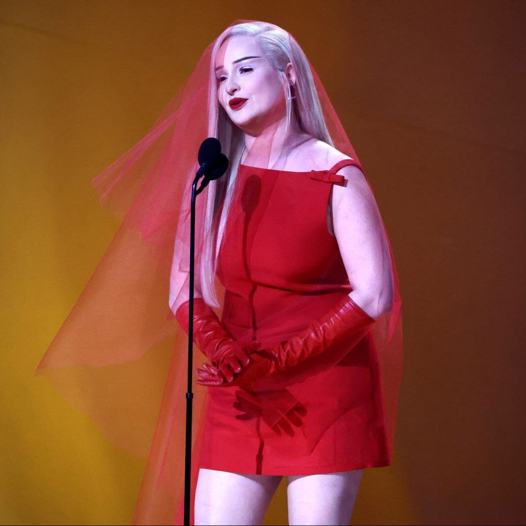 Kim Petras accepts the Best Pop Duo/Group Performance Grammy award for “Unholy”.  by Frazer Harrison/Getty Images