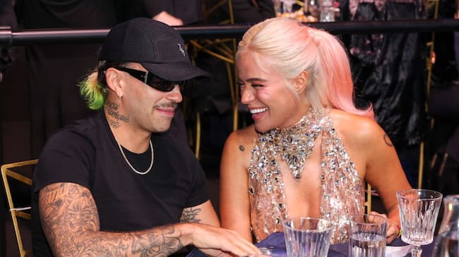 Feid and Karol G at Billboard Women In Music 2024 held at YouTube Theater on March 6, 2024 in Inglewood, California. Christopher Polk/Billboard via Getty Images