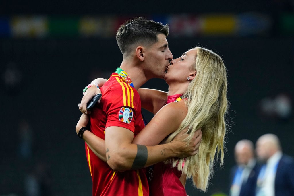 Alvaro Morata centre-forward of Spain and Atletico de Madrid and his wife Alice Campello celebrate victory after the UEFA EURO 2024 final match between Spain and England at Olympiastadion on July 14, 2024 in Berlin, Germany. Jose Breton/Pics Action/NurPhoto via Getty Images