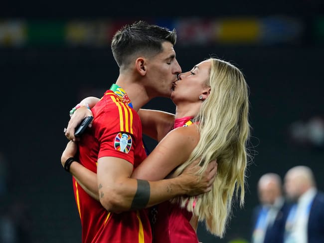 Alvaro Morata centre-forward of Spain and Atletico de Madrid and his wife Alice Campello celebrate victory after the UEFA EURO 2024 final match between Spain and England at Olympiastadion on July 14, 2024 in Berlin, Germany. Jose Breton/Pics Action/NurPhoto via Getty Images
