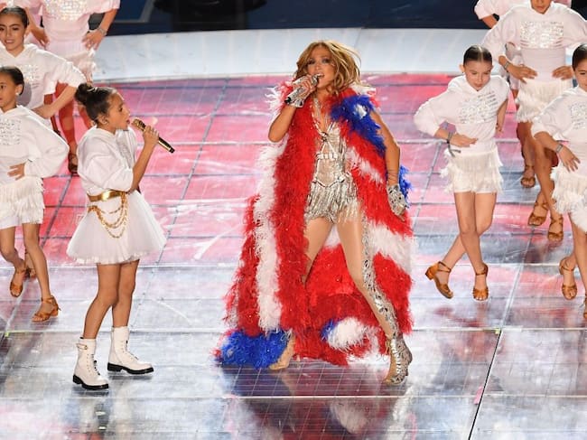 Jennifer Lopez and her daughter Emme Muniz perform at the 2020 Super Bowl. Angela Weiss / AFP via Getty Images