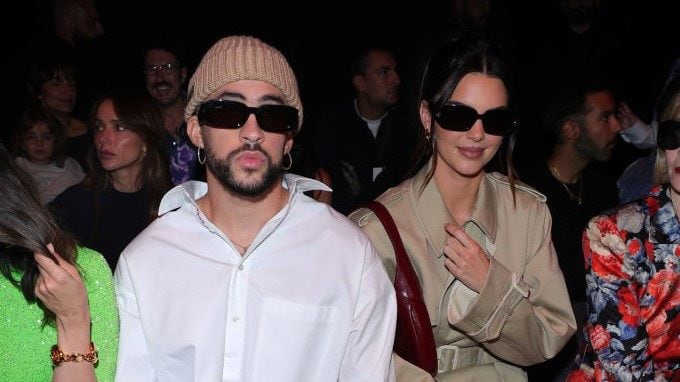 Bad Bunny and Kendall Jenner are seen at Gucci Ancora during Milan Fashion Week on September 22, 2023 in Milan, Italy. (Photo by Jacopo M. Raule/Getty Images for Gucci)