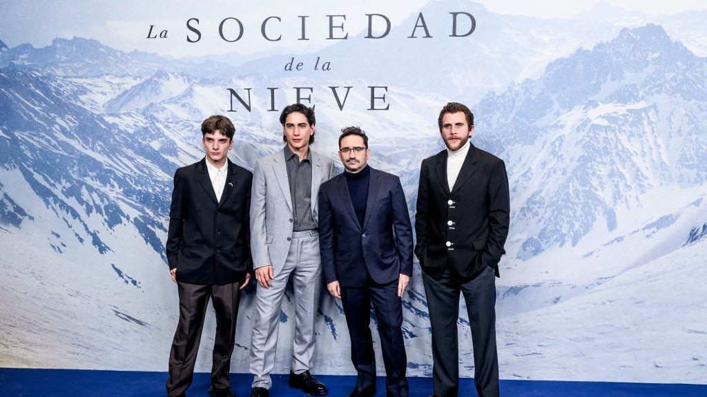 Matias Recalt, Enzo Vogrincic, Juan Antonio Bayona and Agustin Pardella attend ‘La Sociedad de la Nieve’ premiere at Circulo de las Bellas Artes on December 14, 2023 in Madrid, Spain. Juan Naharro Gimenez/WireImage