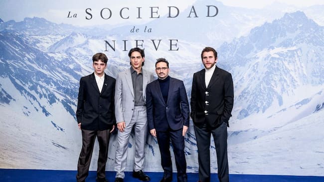 Matias Recalt, Enzo Vogrincic, Juan Antonio Bayona and Agustin Pardella attend ‘La Sociedad de la Nieve’ premiere at Circulo de las Bellas Artes on December 14, 2023 in Madrid, Spain. Juan Naharro Gimenez/WireImage