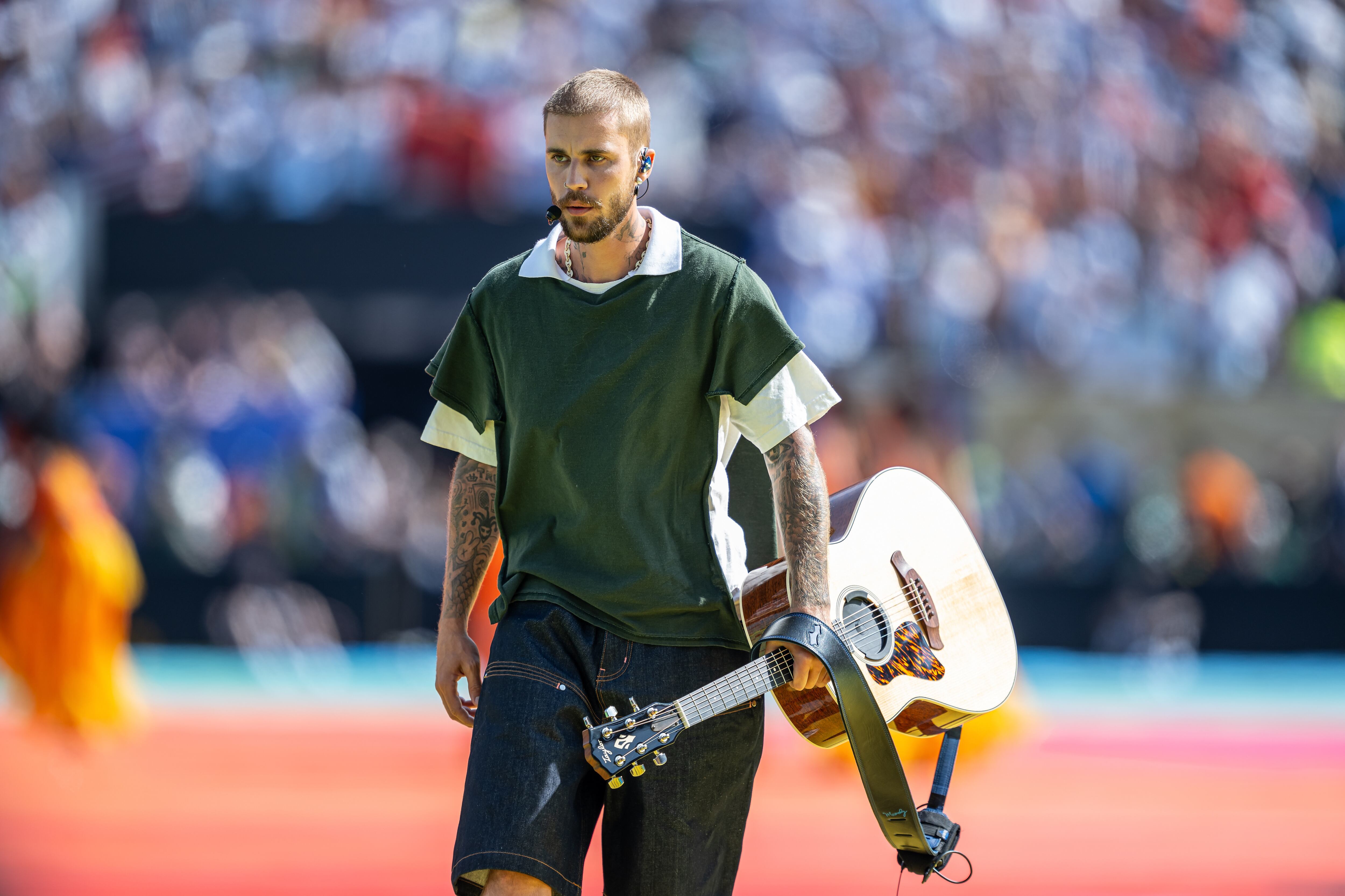 Justin Bieber durante el espectáculo del descanso (Halftime Show) del Mundial, celebrado durante la final de la Copa Mundial de la FIFA en el New York New Jersey Stadium, el 19 de julio de 2026, en East Rutherford, Nueva Jersey, Estados Unidos.