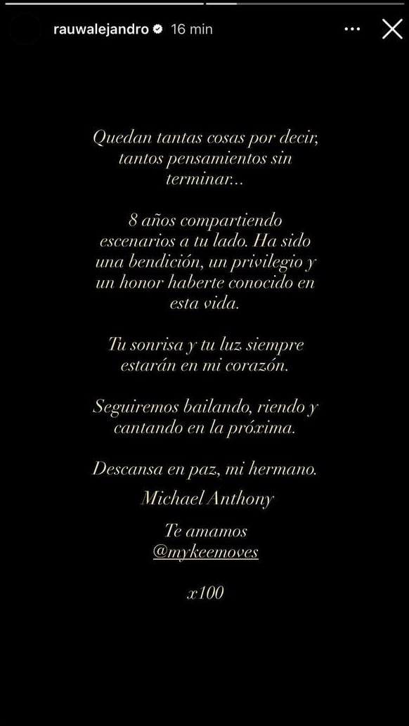 Comunicado de Rauw Alejandro ante la muerte del bailarín Mykee Moves en Instagram el 14 de julio de 2026