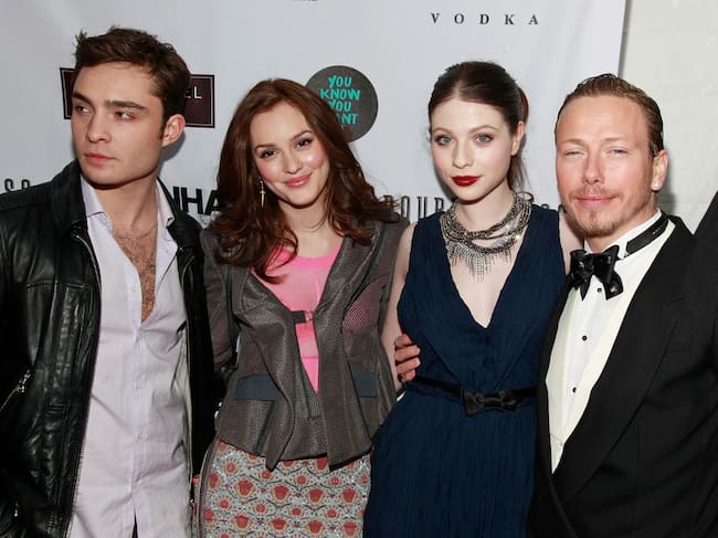 Gossip Girls actors Ed Westwick, Leighton Meester, Michelle Trachtenberg on January 12, 2010 in New York City. Charles Eshelman/Getty Images.