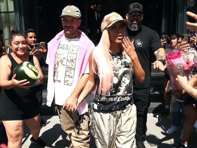 Feid and Karol G are seen on September 07, 2023 in New York City. (Photo by Jose Perez/Bauer-Griffin/GC Images)