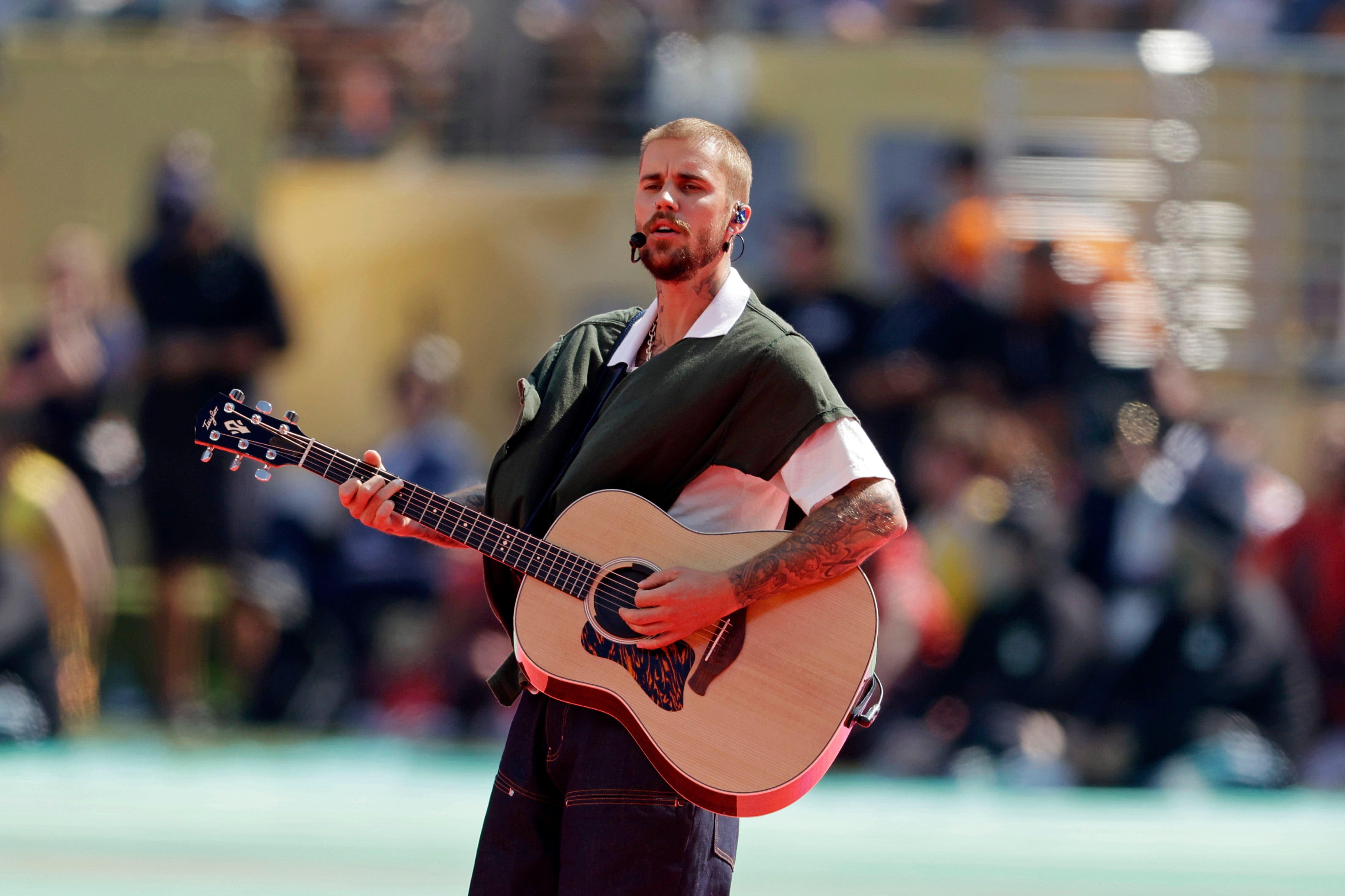Justin Bieber durante el espectáculo del descanso (Halftime Show) del Mundial, celebrado durante la final de la Copa Mundial de la FIFA en el New York New Jersey Stadium, el 19 de julio de 2026, en East Rutherford, Nueva Jersey, Estados Unidos.