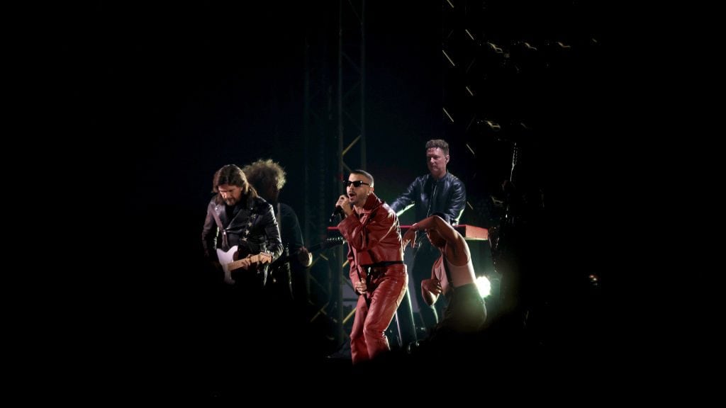 Juanes and Rauw Alejandro perform onstage during the 23rd Annual Latin GRAMMY Awards at FIBES Conference and Exhibition Centre on November 16, 2023 in Seville, Spain. Aldara Zarraoa/Getty Images