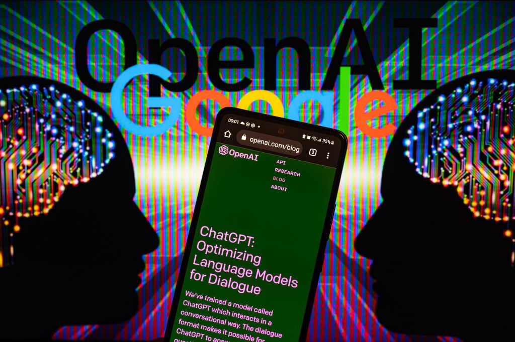Google - OpenAI  displayed on screen with ChatGPT on mobile seen in this photo illustration. Jonathan Raa/Getty.