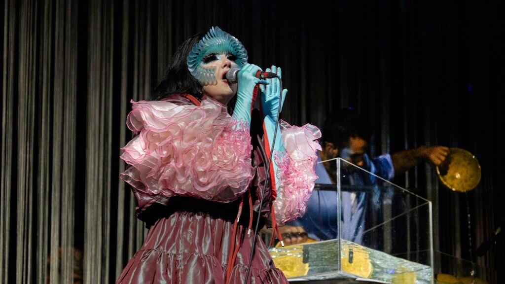 Bjork and Manu Delago perform on stage during a concert of her tour «Cornucopia» at Wiener Stadthalle on September 19, 2023 in Vienna, Austria. Santiago Felipe/Redferns for ABA