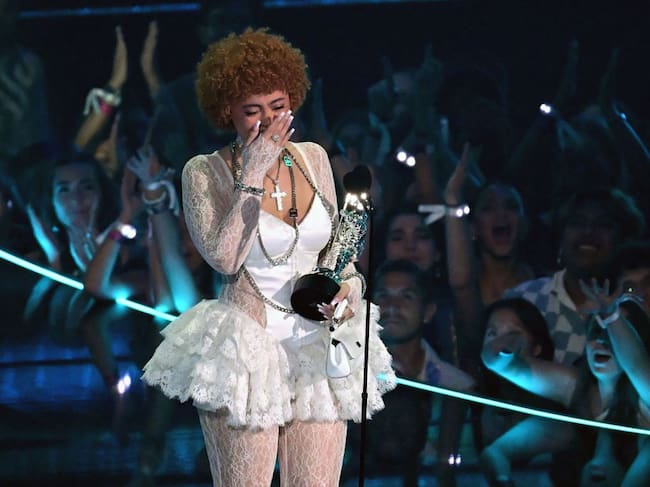 US rapper Ice Spice accepts the Best New Artist award onstage during the MTV Video Music Awards. Timothy A. Clary/Getty Images.
