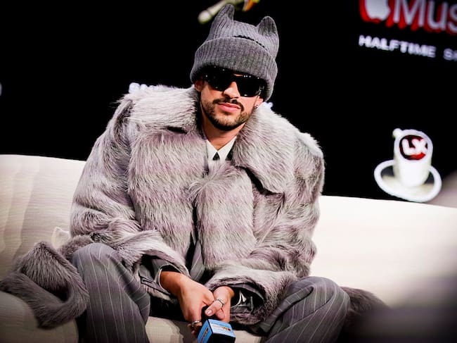 Grammy-award-winning singer and Super Bowl Halftime performer Bad Bunny takes questions during a press conference at the Mascone Center during Super Bowl week in San Francisco on Thursday, Feb. 5, 2026.