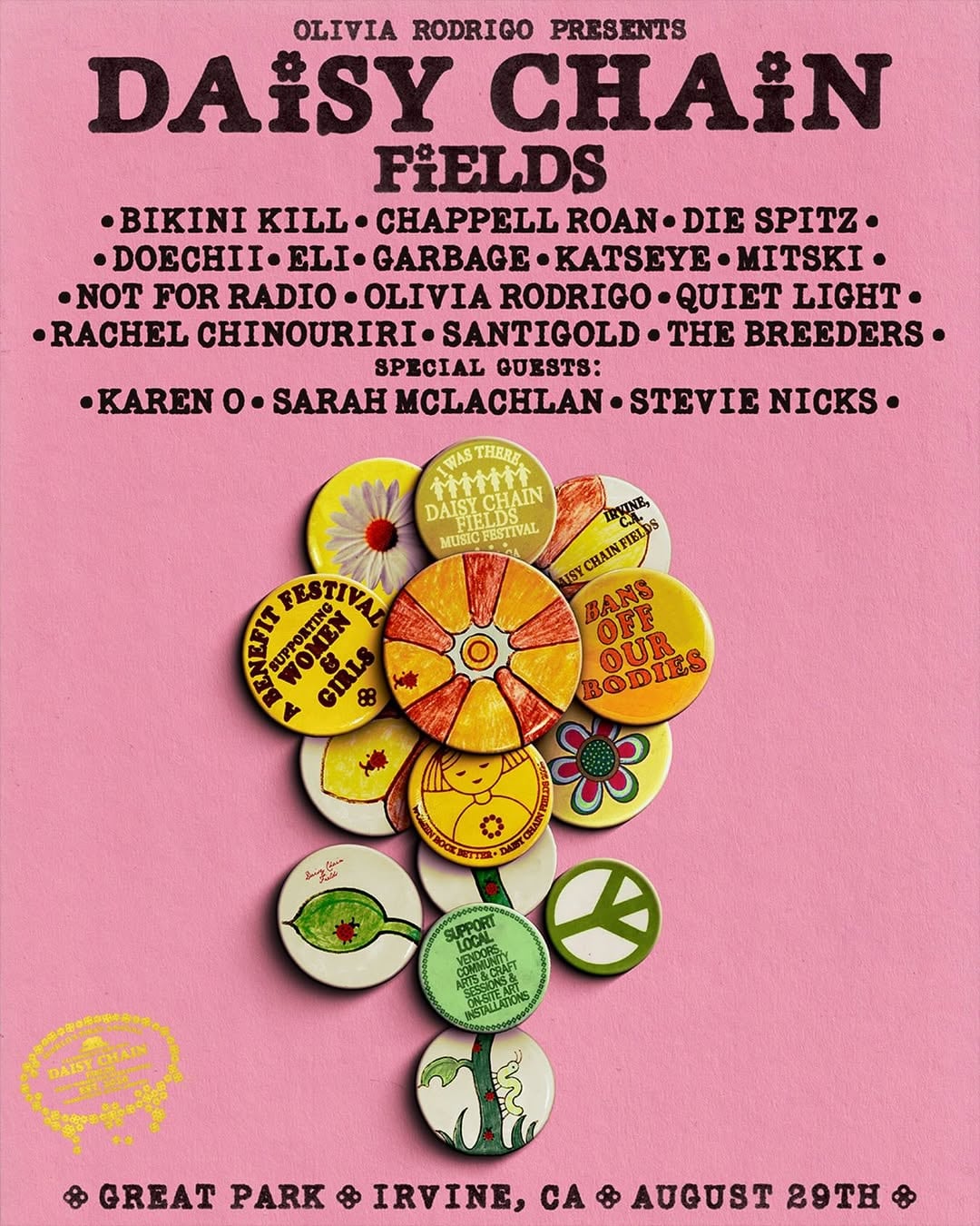 Cartel del Daisy Chain Fields Festival, el evento con un lineup 100% compuesto por mujeres artistas, organizado por Olivia Rodrigo