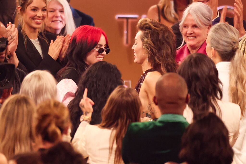 Billie Eilish and Miley Cyrus at the 66th Annual GRAMMY Awards held at Crypto.com Arena on February 4, 2024 in Los Angeles, California. Christopher Polk/Billboard via Getty Images