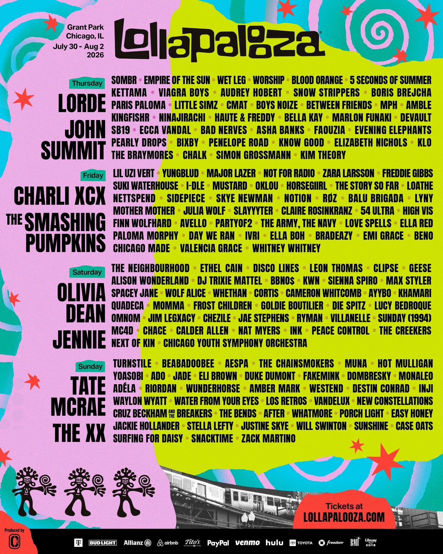 El lineup oficial de Lollapalooza Chicago, con headliners como Lorde, John Summit, Charli XCX, The Smashing Pumpkins, Olivia Dean, Jennie, Tate McRae y the xx