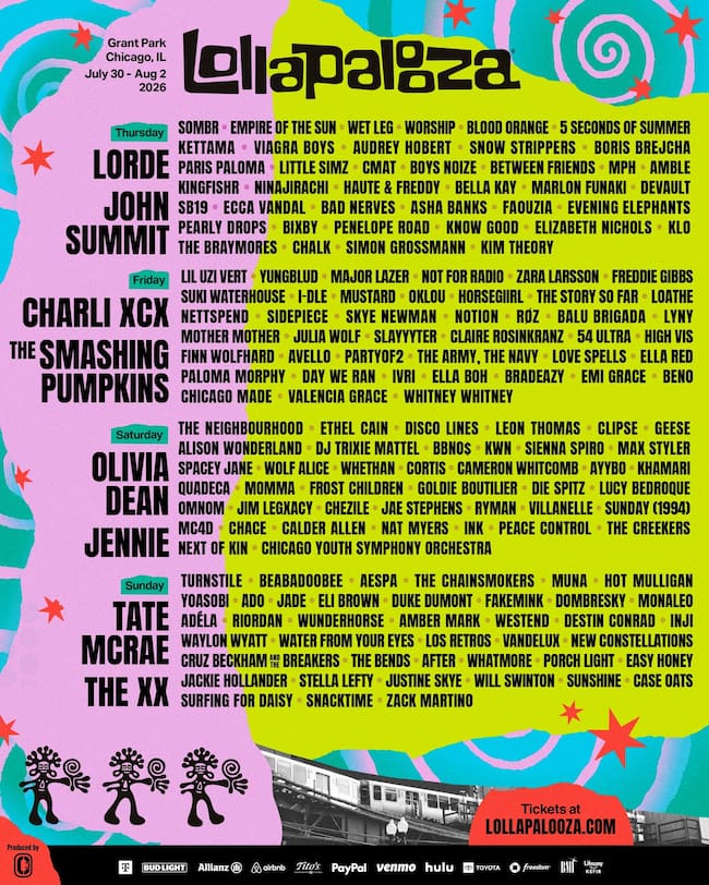 El lineup oficial de Lollapalooza Chicago, con headliners como Lorde, John Summit, Charli XCX, The Smashing Pumpkins, Olivia Dean, Jennie, Tate McRae y the xx