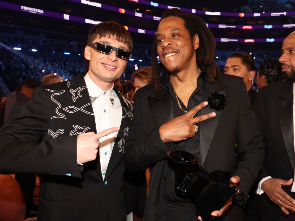 Peso Pluma, a prominent figure in ‘corridos tumbados,’ alongside Jay-Z, an influential figure in hip-hop, in Los Angeles, California. Johnny Nunez / Getty Images for The Recording Academy