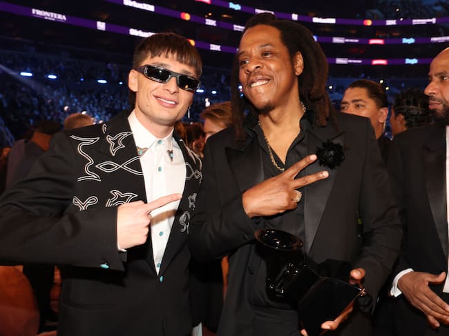 Peso Pluma, a prominent figure in ‘corridos tumbados,’ alongside Jay-Z, an influential figure in hip-hop, in Los Angeles, California. Johnny Nunez / Getty Images for The Recording Academy